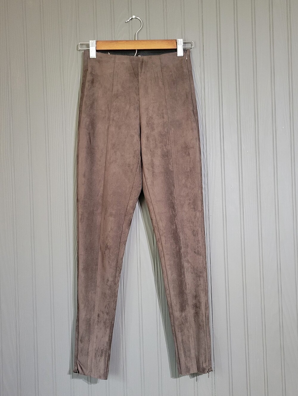 Zara Faux Suede Pull-On Pants Zipper Ankle Center Seam Brown Women's XS